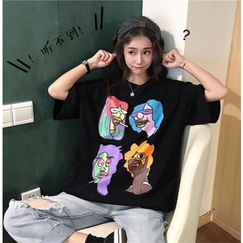 Casual Cartoon Print Ins Tshirt Female Korean Harajuku Womens T-shirts Tops Japanese Kawaii Ladies Ulzzang Clothes
