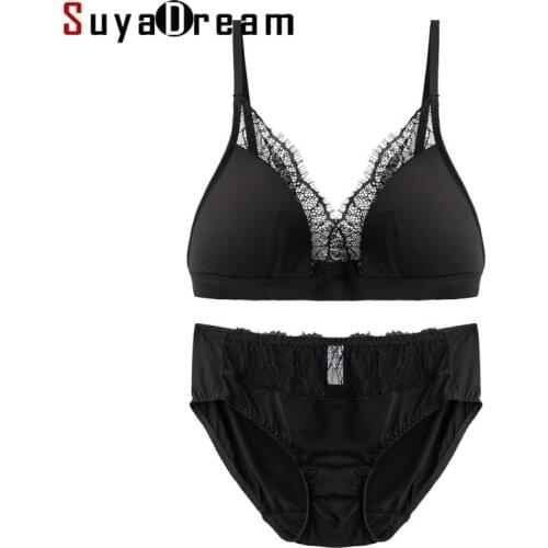 SuyaDream 2021 Bra Set 100%Real Silk and Lace Wire Free Comfort Bras and Panties Thin padding Healthy Underwears