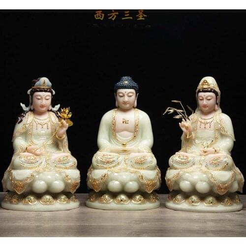 A set 3P High grade jade gilding XI FANG SAN SHENG Buddha Gods statue Amitabha Guanyin Mahasthamaprapta HOME shrine protection