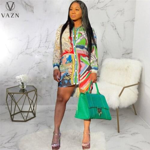 VAZN 2021 New Fashion Hot Sale Women Street Casual Style Short Dresses Long Sleeve Lapel Dresses Printed Shirt Short Dresses