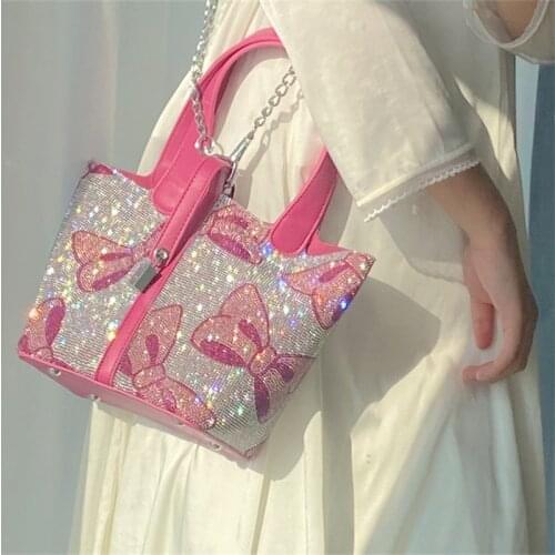 2021 New Fashion All-match Bow Color Diamond Bucket Bag Pink Rhinestone Vegetable Basket Purses and Handbags Luxury Designer Gg