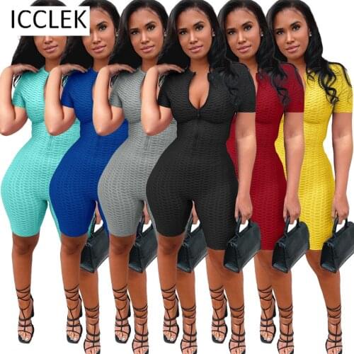 ICCLEK Wholesale Items Plus Size Summer Women Fashion Casual Short-sleeved Zipper Sports Yoga Jumpsuit