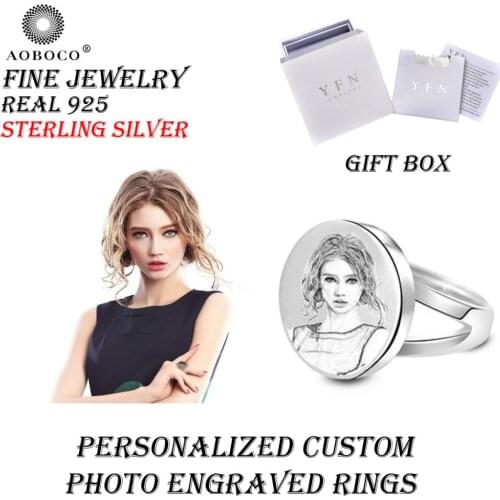 Custom Photo Engraved Rings AOBOCO Brand Fine Jewelry Round Rings 925 Sterling Silver