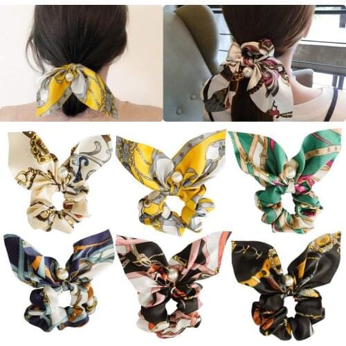 Fashion Chiffon Bowknot Silk Hair Scrunchies Women Pearl Ponytail Holder Hair Ties Scarf Hair Rope Rubber Bands Hair Accessories