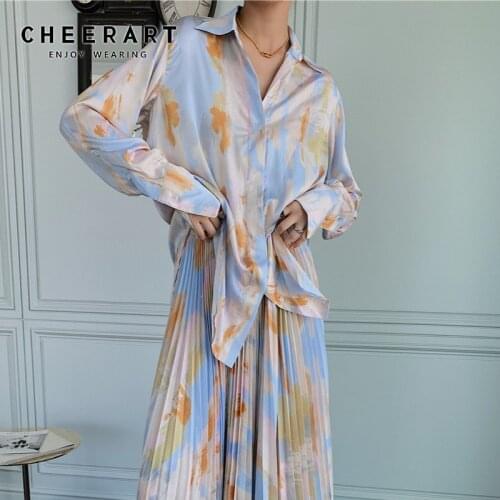 CHEERART Tie Dye Button Up Shirt For Women Long Sleeve Tops And Blouses Designer Loose Collared Shirt Korean Fashion Clothing