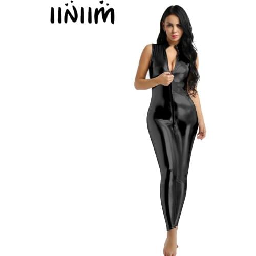 Iiniim Sexy Womens Lingerie Clubwear Wetlook Leather Catsuit Zipper Crotch Leotard Teddy Bodysuit Nightclub Babydoll Jumpsuit