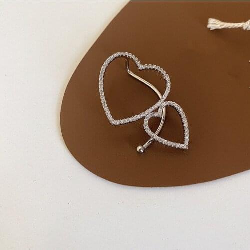 Exaggerated Bling Bling Rhinestone Heart Earrings for Women Silver Color Metal Hollow Double Love Heart Clip Earrings Jewelry