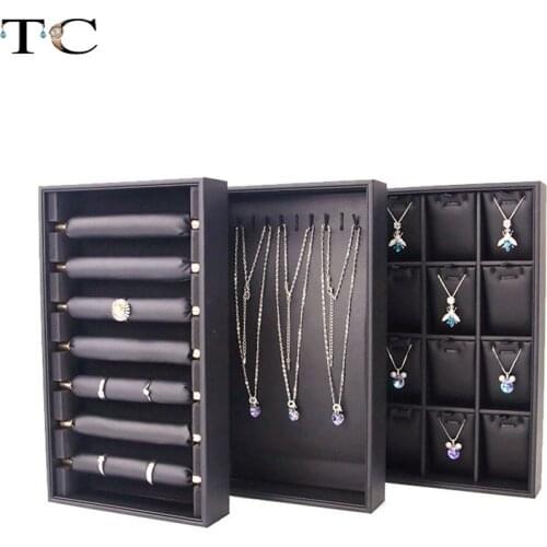 Covered Ring Jewelry Tray Earrings Pendant Necklace Tray PU Leather Jewelry Organizer Display Black Box