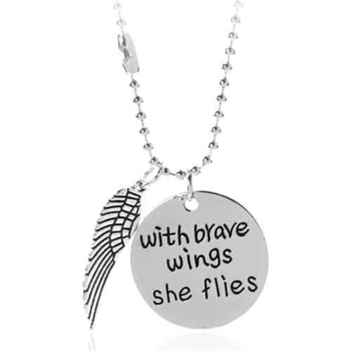 Hand Stamped "With Brave Wings She Flies " Inspirational Necklace Handmade Angle Wing Gift for Girl Daughter Pendant Necklace