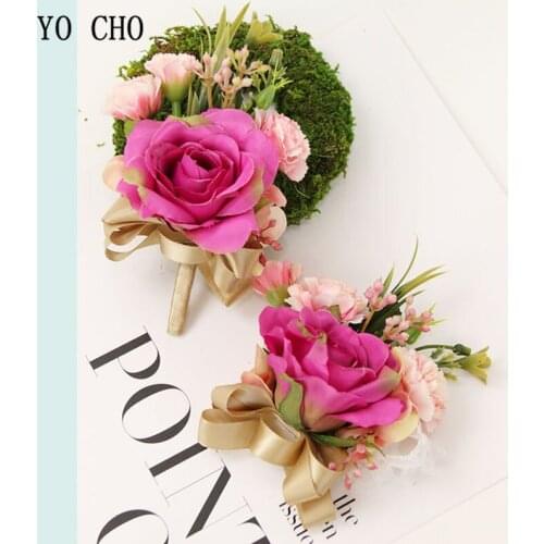 YO CHO Artificial Flower Wedding Corsage Pin Flowers Groom Boutonniere Wedding Wrist Bracelet Bridesmaid Wedding Flowers