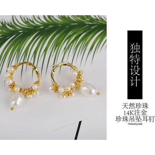 Jewelry Hand woven 14k Note gold pair 100% Natural freshwater Pearl long Earring for women with 925 sterling Silver drop