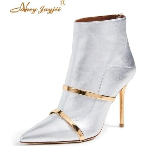 Silver Woman Ankle Boots Bota Lady Shoes Dress Party Madison Golden Heels Super Thin 2021 Autumn Winter Plus Size 45 44 39 Sexy