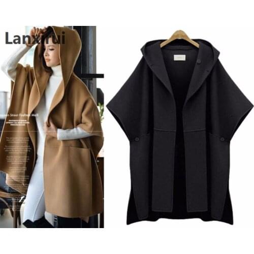 Woman Hooded Cloak Batwing Sleeve Woolen Cape Overcoat Large Size Women Loose Woolen Coats Lady Winter Fashion Poncho plus size
