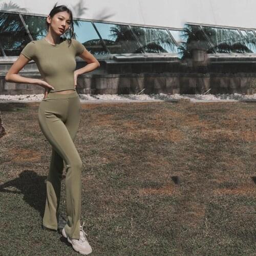 Women High Waist Crop Top Fashion Wide Leg Pants Summer New Round Neck Slim Sports Suit Two-Piece Suit New
