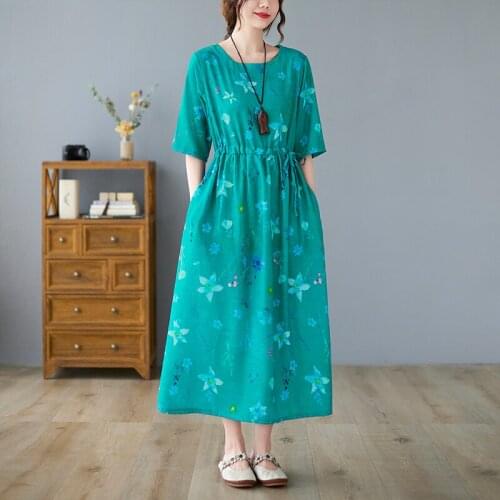 2021 New Arrival Fashion Women Dress Thin Soft Short Sleeve Loose Summer Dress Draw String Print Floral Travel Casual Midi Dress