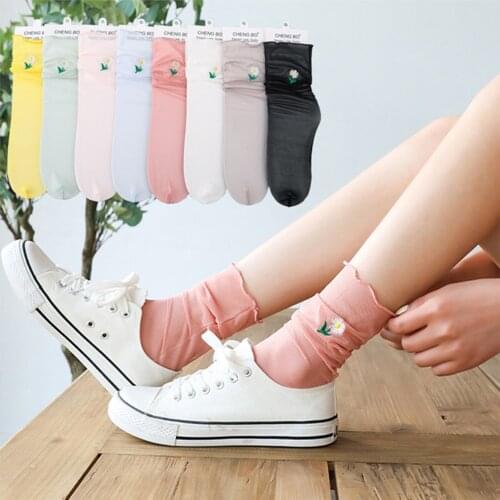 2020 Cute Women Colored Flower clear Socks Women Transparent Hollow Out Fishnet Socks Female Delicate Thin Art Short Socks