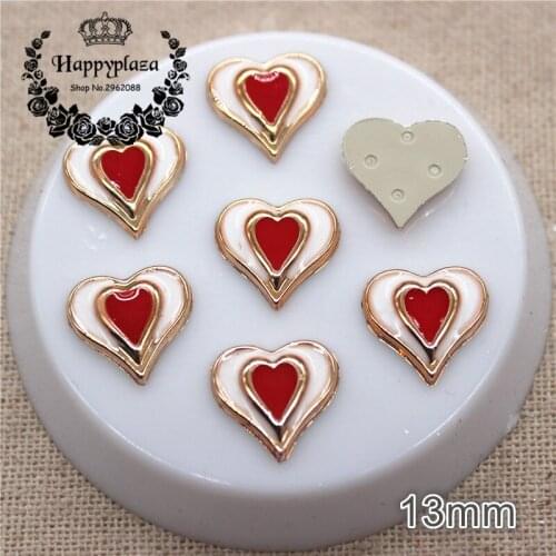 50PCS 13mm Red Heart Golden Plastic Flatback Button Home Garden Crafts Cabochon DIY Scrapbook Accessories