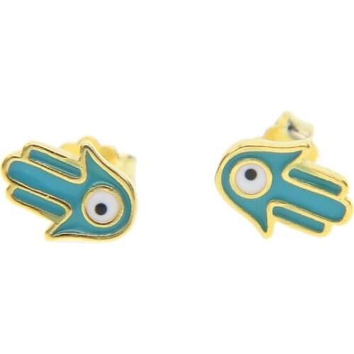 Promotion blue enamel hamsa hand stud tiny lovely girl jewelry wholesale 925 silver studs earring