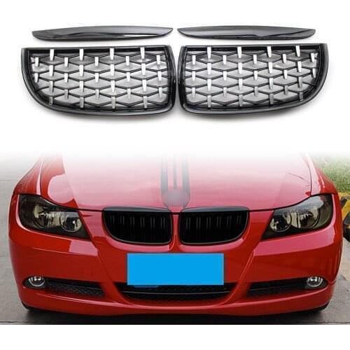 Car Front Bumper Kidney Mesh Grille w/ Hood Eyelids For BMW E90 320i 323i 328i 335i 2005 2006 2007 2008 Diamond Meteor Style