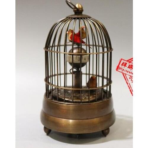 Arts Crafts Copper Exquisite Chinese brass bird cage Mechanical Table Clock Alarm Clock statue fidget spinner