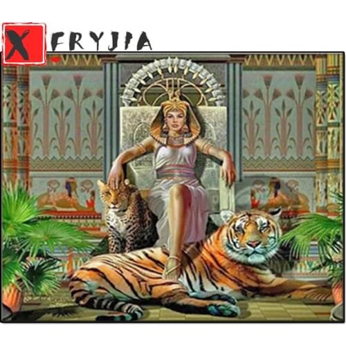 Full Square Round Drill Diamond Painting Egyptian Porn Queen And Tiger 5D DIY Diamond Embroidery Mosaic Handmade Gift Decoration