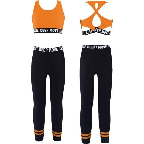 Girls Ballet Dance Sets Gymnastics & Dancewear Outfit Letter Printed Sleeveless Racer Back Tanks Crop Top with Leggings Pants
