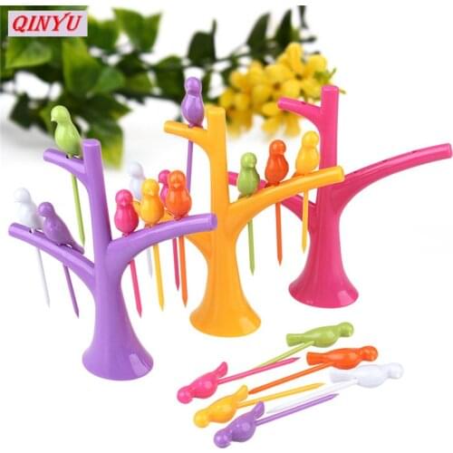 Creative kitchen supplies A tree of six birds green twig toothpick cutlery set fruit salad fork Party Fork Tableware 7ZCF414