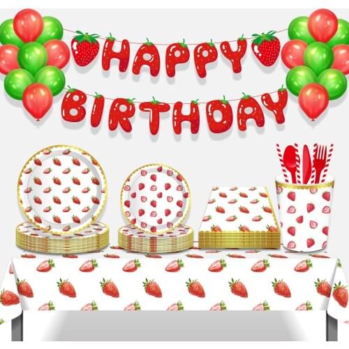 Summer Strawberry Fruit Theme Party Decoration Disposable Tableware Sets for Hawaii Baby Shower Happy Birthday Kid Party Favor