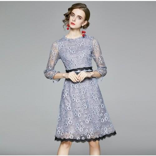 LUKAXSIKAX 2020 New Spring Autumn Women Elegant Slim Dress High Quality Sweet Flowers Lace Dress