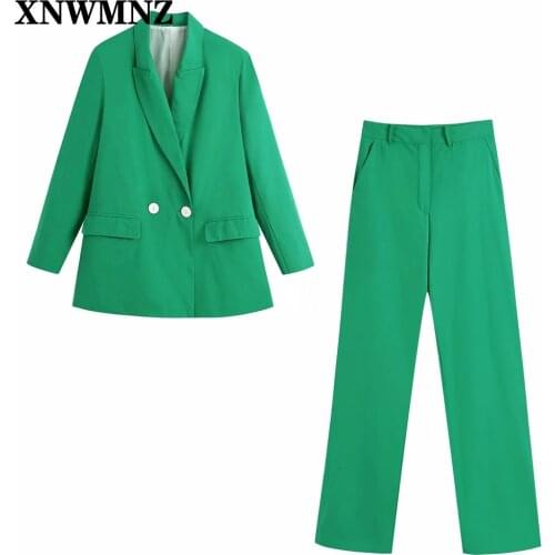 XNWMNZ za New Women Green double-breasted blazer 2021 lapel collar Long Sleeve pockets blazers coat Ladies Casual button-up Tops