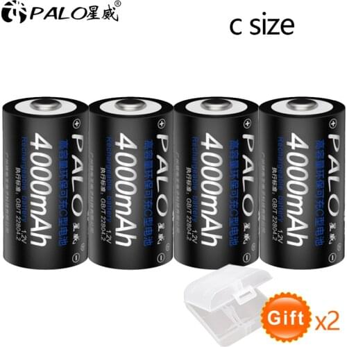 PALO 4 Pcs Batteries C Size Battery Original 1.2V Ni-MH 4000mAh Rechargeable Batteries Bateria Baterias with tab free shipping