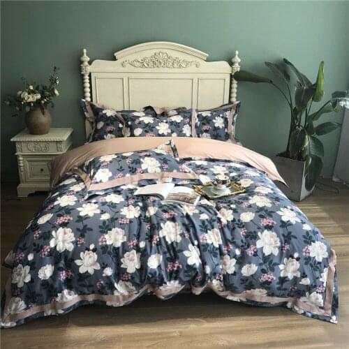 Luxury Flower printed Blue Egyptian cotton Bedding sets Queen King Pastoral Duvet cover Bed sheet set Pillowcases 4pc 14 color