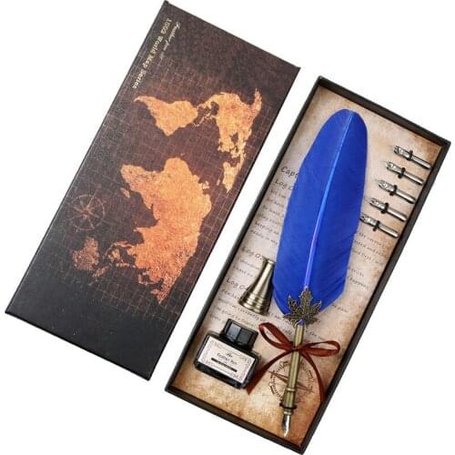 European Vintage Antique Goose Feather Dip Pen Metal Nibbed Pen Ink Writing Quill Retro Quill Pen Business Gift Fountain Pen Set