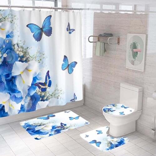 Flowers Bathroom Set With Shower Curtains Blue Butterfly Printed Shower Curtains Waterproof Polyester Bath Screen Wiith 12 Hooks