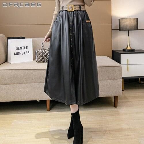 Loose Vintage Autumn Winter Women Leather Skirt With Belt 2021 High Waist Elegant Big Swing Casual Button Pu Long Skirts Femme