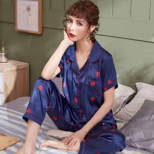 Women Pajamas Summer Silk Womens Pajama Sets Short Sleeve Turn-down Collar Casual Soft Pyjamas Loose Plus Size Female Sleepwear
