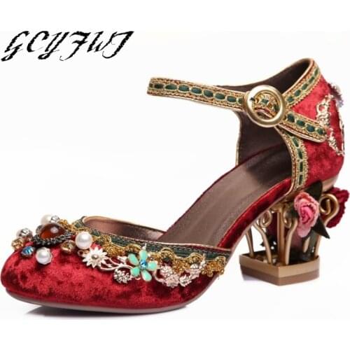 Women Sandals Vintage Hand-stitched Beaded Shaped Hollow Wedding High Heels Ladies Shoes Velvet Buckle Bird Cage Buty Damskie