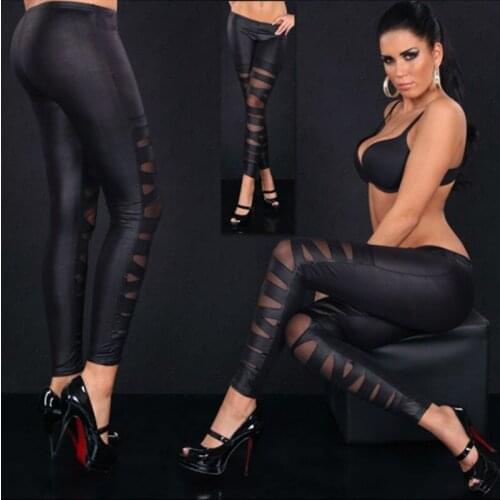 Hot Sale Fashion Women High Waist Tight Leather Stretch Pants Casual Mesh Patchwork Ankle Length Pencil Pants 2020 New