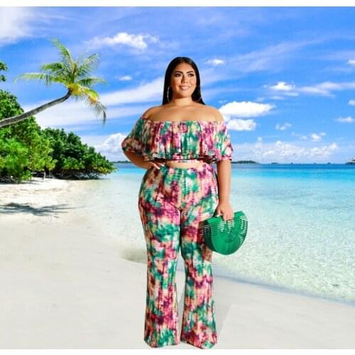 Sexy 2 Piece Summer Sets Fashion Dew Shoulder Short Sleeves Crop Top Print Plus Size Women Clothing 5xl Wholesale Dropshipping
