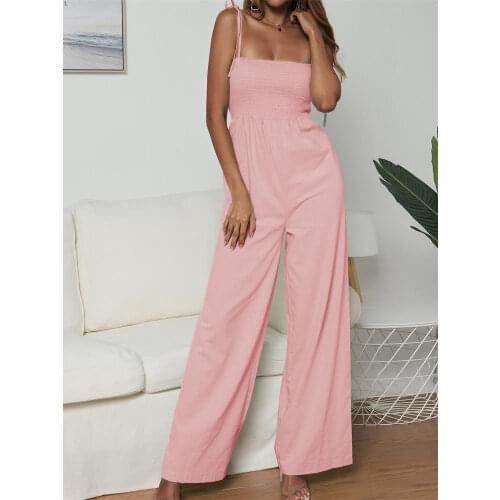 Women Solid Color Jumpsuit High Waist Rompers Boho Green Pink Spaghetti Strap Wide Leg Pants Female Summer 2020 Jumpsuits Ladies