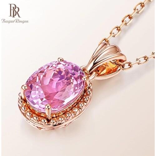 Bague Ringen Silver 925 Jewelry Oval shaped Pink Tourmaline Pendant Necklace for Women Rose Gold Color Sweet Dating Geometry Gif