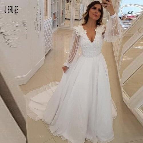 JIERUIZE Bling Beaded Wedding Dresses Deep V Neck Sheer Full Sleeve Crystal Sash Appliques Vestido de novia Bridal Gown