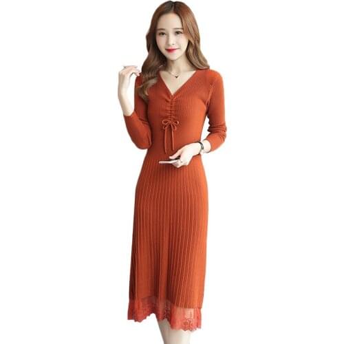 Knitted Sweater Dress Women Fashion Solid Full Sleeve Long Party Dress Sexy V-Neck Patchwork Lace Autumn Winter Dress Vestidos