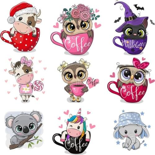 15CM Cartoon Owl Cow Koala Heat Transfer Patch Stripes Applique Thermo Stickers On Cothes Iron On Transfers For Clothing Custom