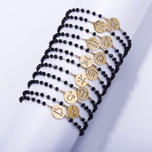 2pcs 12 Constellation Bracelets for Men Women Couples Hollow Round Zodiac Horoscope Bracelet Black Crystal Wist Jewelry 2020