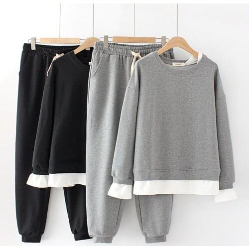 2021 Spring Autumn Women Korean Two Piece Round Neck Top+Casual Pants 2-piece set Womens Sportswear Suit Plus size Clothing 5XL