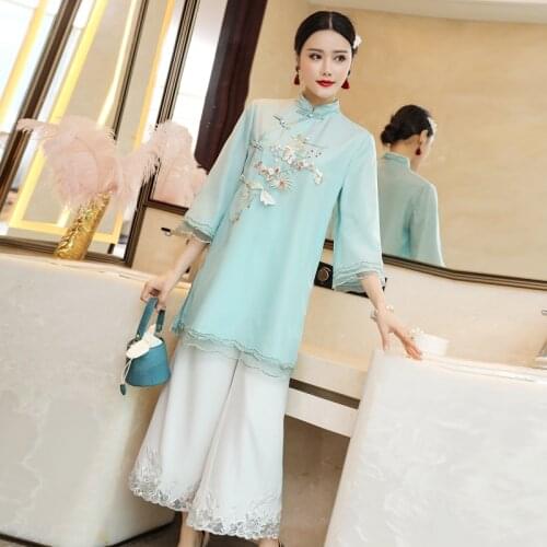 2021 women chinese style retro chiffon qipao blouse floral embroidery tang shirts party mandarin collar long cheongsam tops