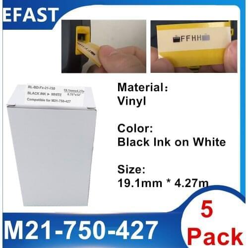 5Pack M21 750 427 Vinyl bmp21 maker Label Ribbon Black On White For BMP21 PLUS Printer Black On White M21-750-427 19.1mm * 4.27m