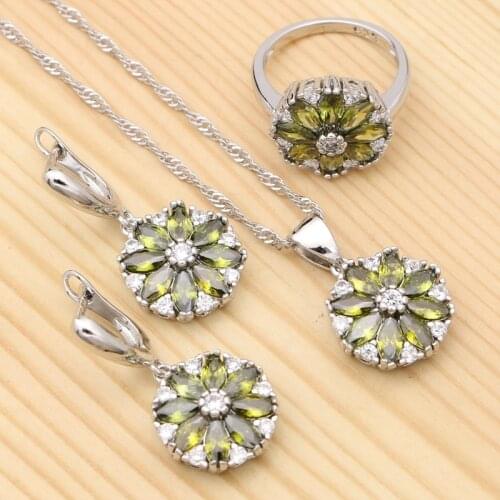 925 Silver Bridal Jewelry Sets For Women Olive Green Cubic Zirconia White Crystal Flower Pendant Necklace Ring Earrings