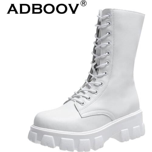 ADBOOV Women Platform Ankle Boots PU Leather Motocycle Boots Female Sapatos das Mulheres Lace Up Winter Shoes